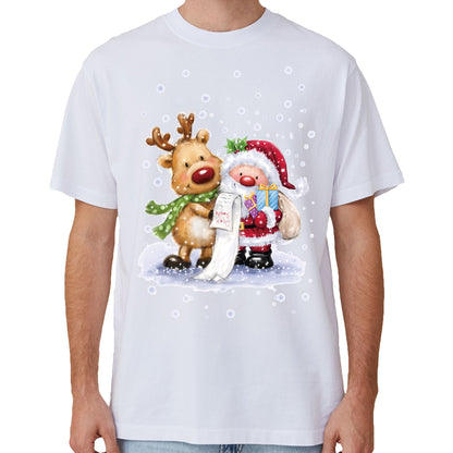 100% Cotton Christmas T-shirt Adult Kids Unisex Tee Tops - Reading Santa