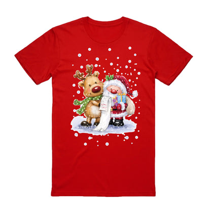 100% Cotton Christmas T-shirt Adult Kids Unisex Tee Tops - Reading Santa