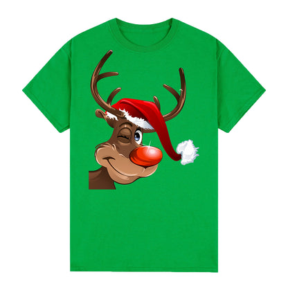 100% Cotton Christmas T-shirt Adult Kids Unisex Tee Tops - Reindeer Wink