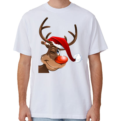 100% Cotton Christmas T-shirt Adult Kids Unisex Tee Tops - Reindeer Wink
