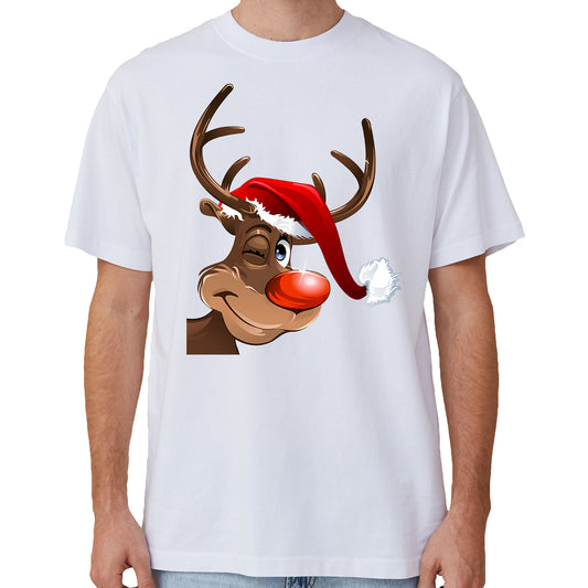 100% Cotton Christmas T-shirt Adult Unisex Tee Tops - Reindeer Wink