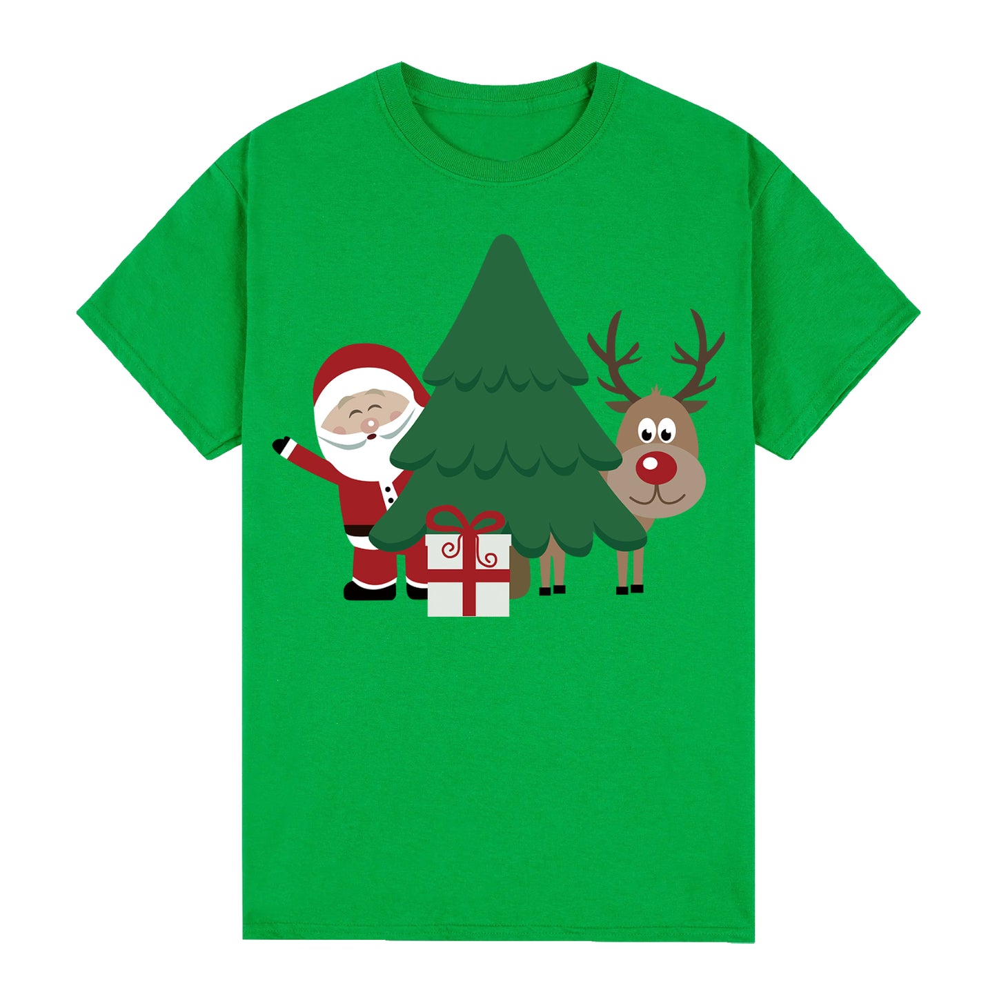 100% Cotton Christmas T-shirt Adult Kids Unisex Tee Tops - Santa with Tree