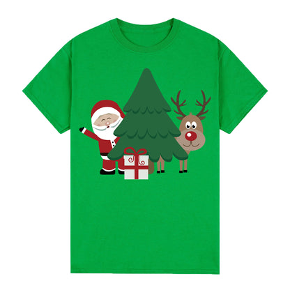 100% Cotton Christmas T-shirt Adult Kids Unisex Tee Tops - Santa with Tree