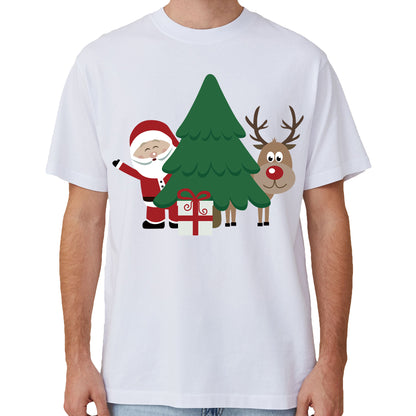 100% Cotton Christmas T-shirt Adult Kids Unisex Tee Tops - Santa with Tree