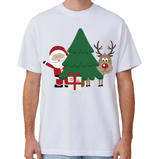100% Cotton Christmas T-shirt Adult Unisex Tee Tops - Santa with Tree
