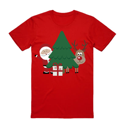 100% Cotton Christmas T-shirt Adult Kids Unisex Tee Tops - Santa with Tree